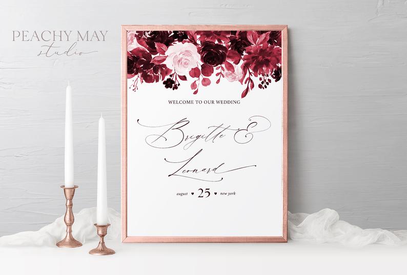 Burgundy Wedding Welcome Sign Template 034