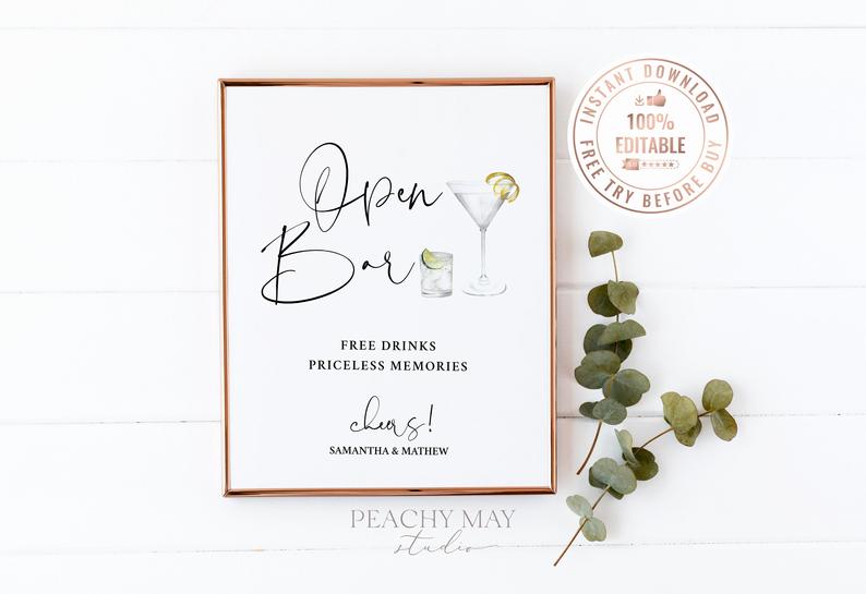 Editable Watercolor Wedding Bar Menu Sign Template 22